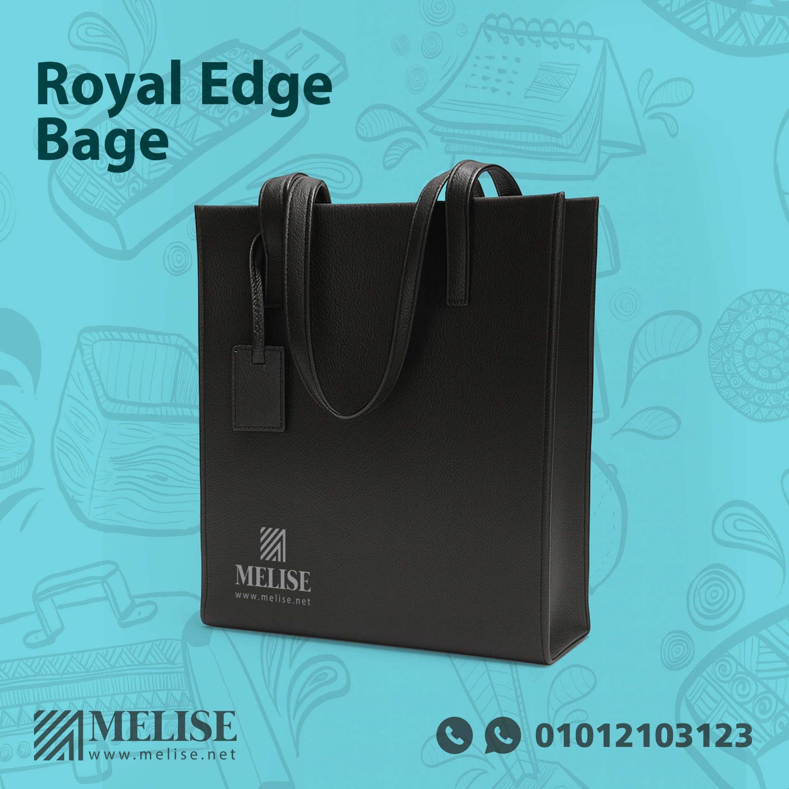 Royal Edge Bage premium leather bag in deep blue with full color logo print and geometric accents