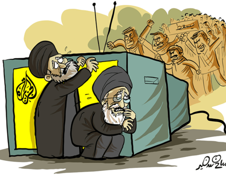 Cartoon showing two men hiding behind an Al Jazeera screen from an angry crowd.