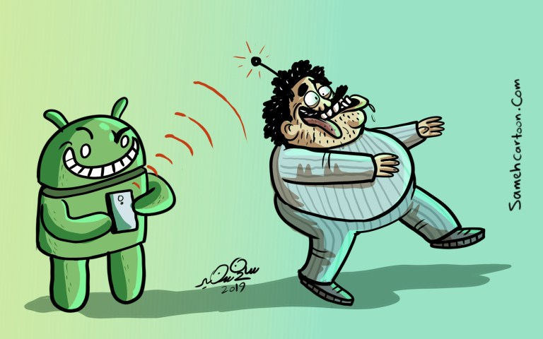 A cartoon illustrating robots and artificial intelligence taking control over humans.