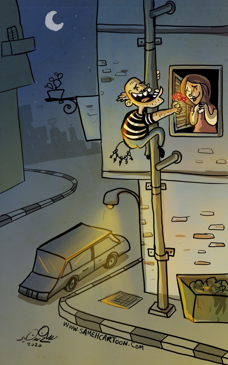 A cartoon of a burglar climbing a pole to give flowers to a woman at a window.