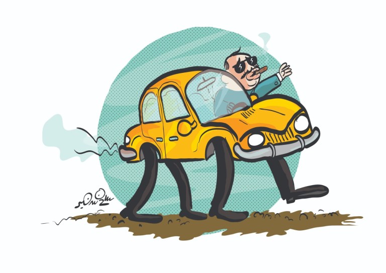A cartoon of a man driving a yellow car with human legs