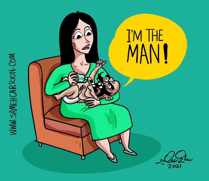 Male entitlement cartoon by Sameh Samir showing a baby with an adult face saying I am the man