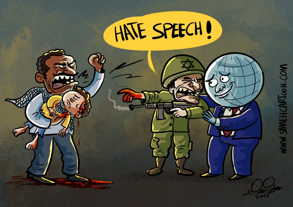 A distressed Palestinian father holds his slain child, while an Israeli soldier plays the victim and uses propaganda to claim hate speech.