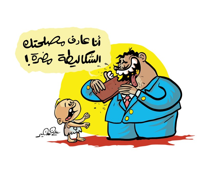 Cartoon of a suited man eating a child's chocolate, symbolizing political and economic exploitation.