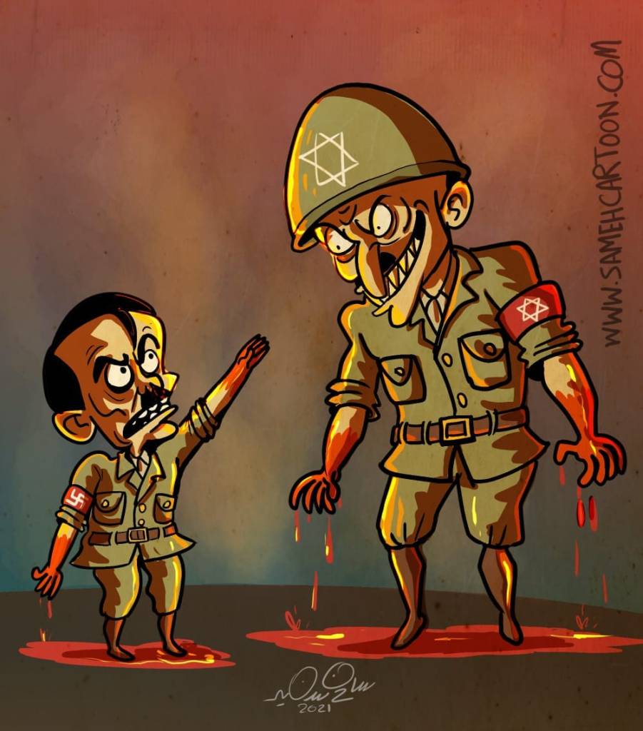 Cartoon depicting two soldiers with blood on their hands, one with a swastika and the other with a Star of David.