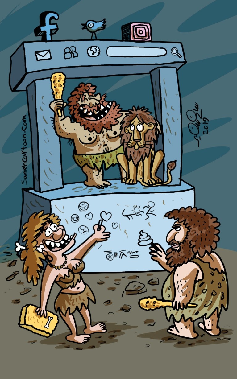Cartoon depicting cavemen interacting with a social media-like structure