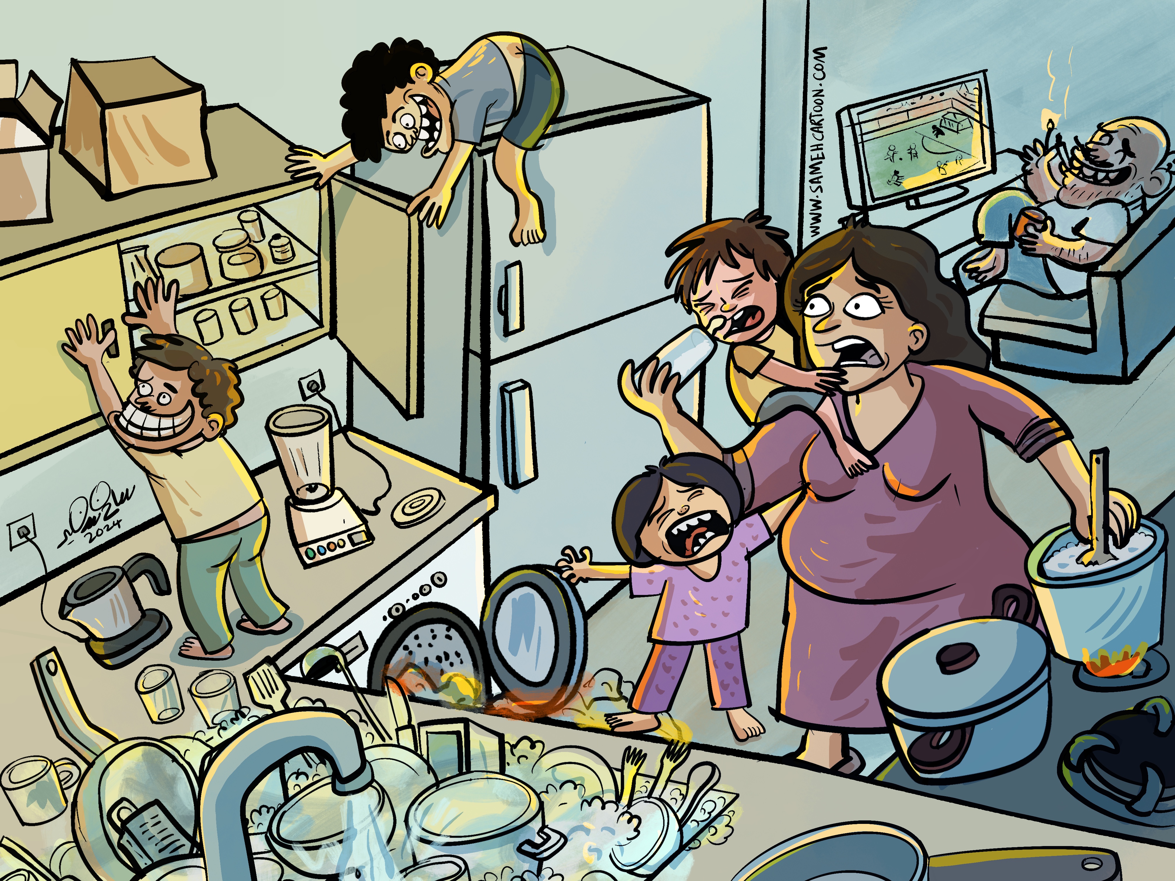 Chaotic family life cartoon showing children making a mess while a man watches TV by Sameh Cartoon
