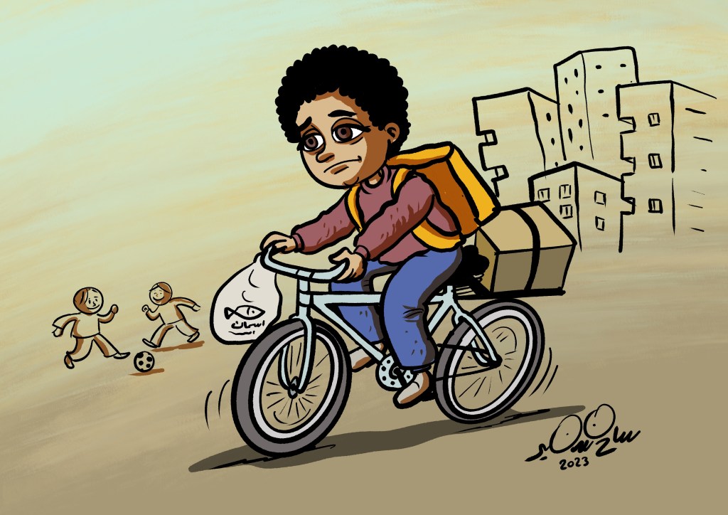 Cartoon of a child delivering fish by bicycle, raising awareness about child labor and road safety.