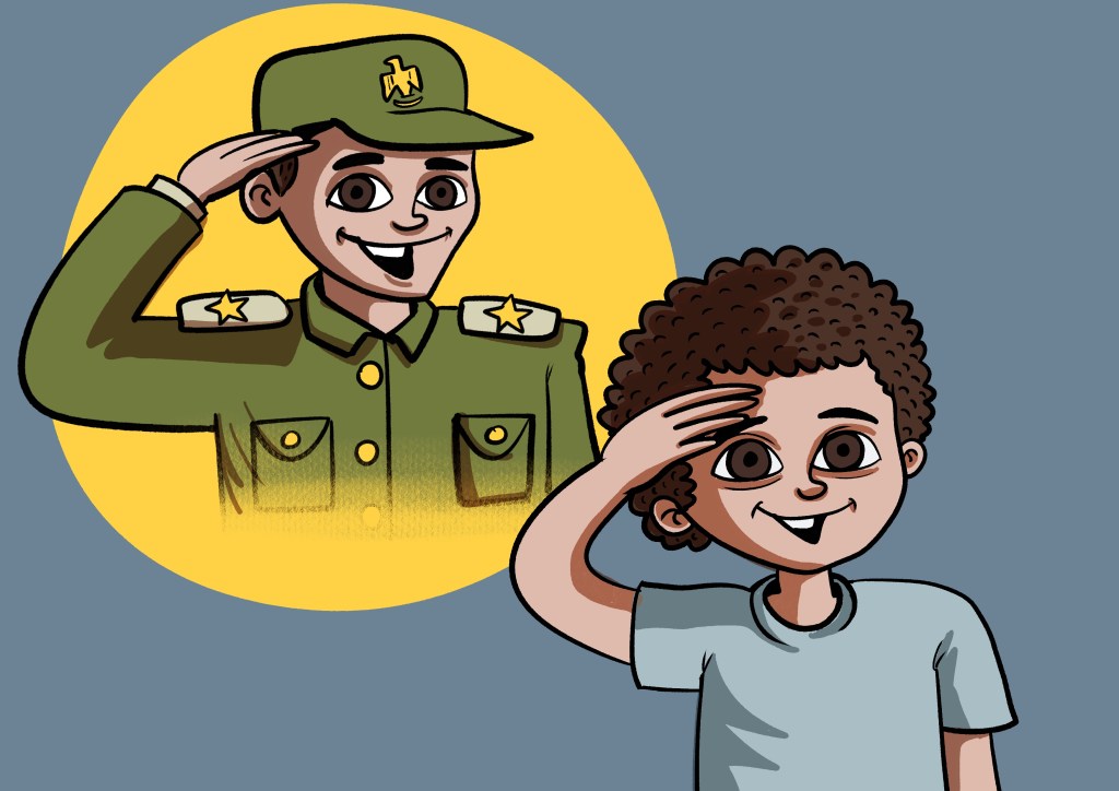 Cartoon of a young Egyptian boy delivering goods, injured in an accident, saluting a soldier, with Ministry of Social Solidarity logo.