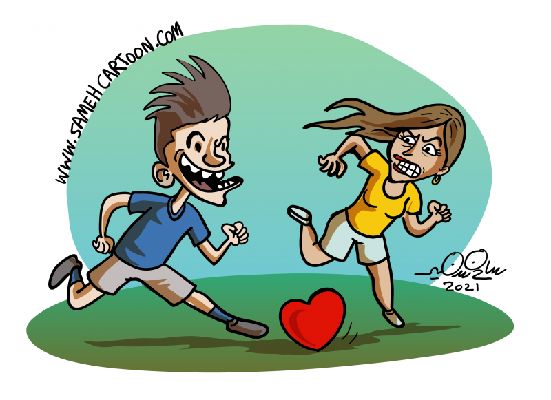 A cartoon depicting a boy and a girl running towards a heart symbol.