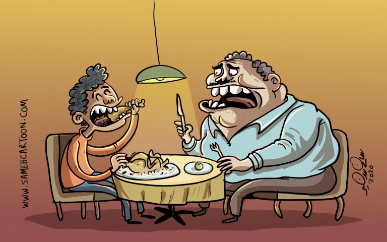 Cartoon of two men eating together, one thin eating greedily and the other overweight eating sparingly on a diet