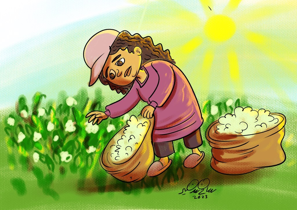 Cartoon of a young girl picking cotton under the sun, supervised harshly, highlighting child labor in agriculture.