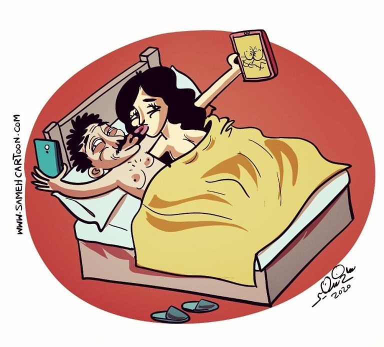 Cartoon of a man and woman livestreaming their intimate moments on social media for profit and attention