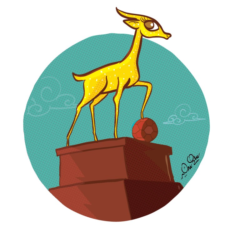A yellow deer statue on a pedestal with a soccer ball, symbolizing a worker's memory at the Corona chocolate factory.