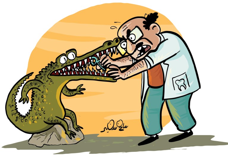 A cartoon of a dentist struggling to treat a crocodile's teeth.