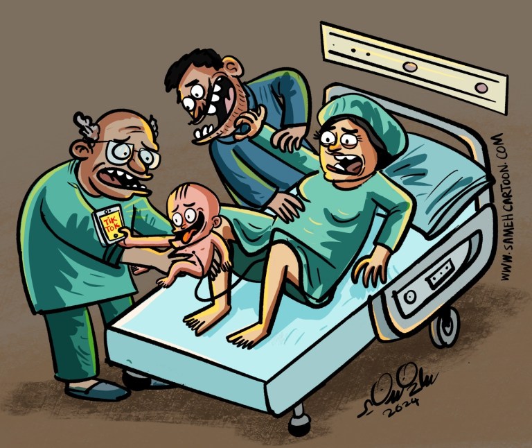Cartoon by Sameh Cartoon showing a doctor presenting a TikTok video to a newborn while a woman in labor looks shocked
