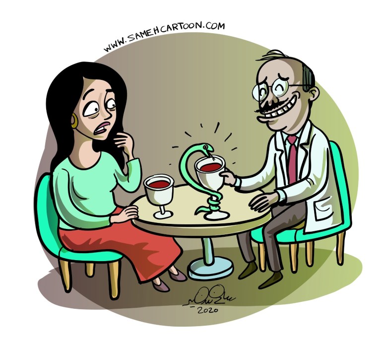 Cartoon of a pharmacist dating a suspicious woman, with the famous Egyptian pharmacy logo cup showing a snake inside