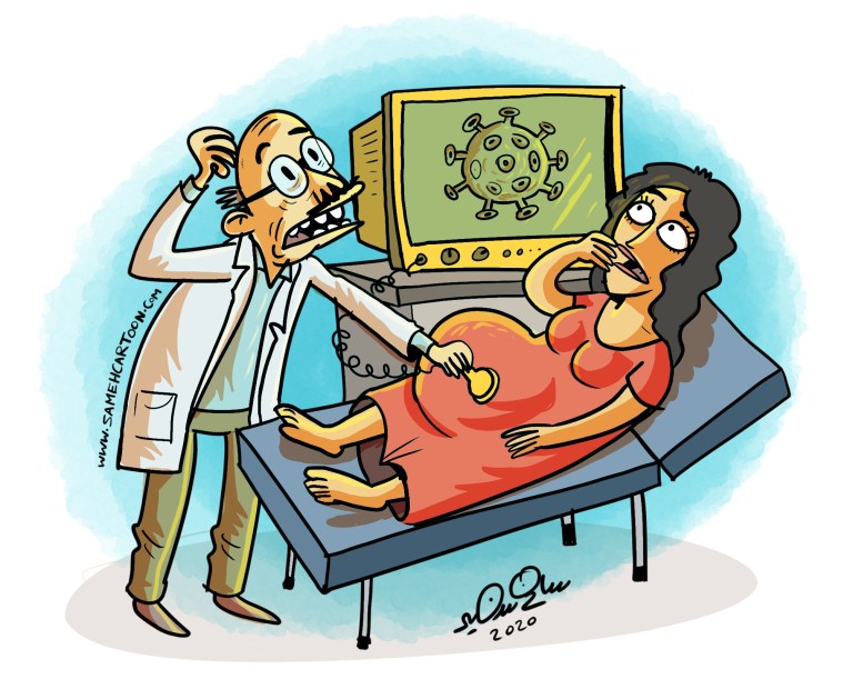 Cartoon showing a doctor conducting a COVID-19 health check on a pregnant woman with virus image on the monitor.