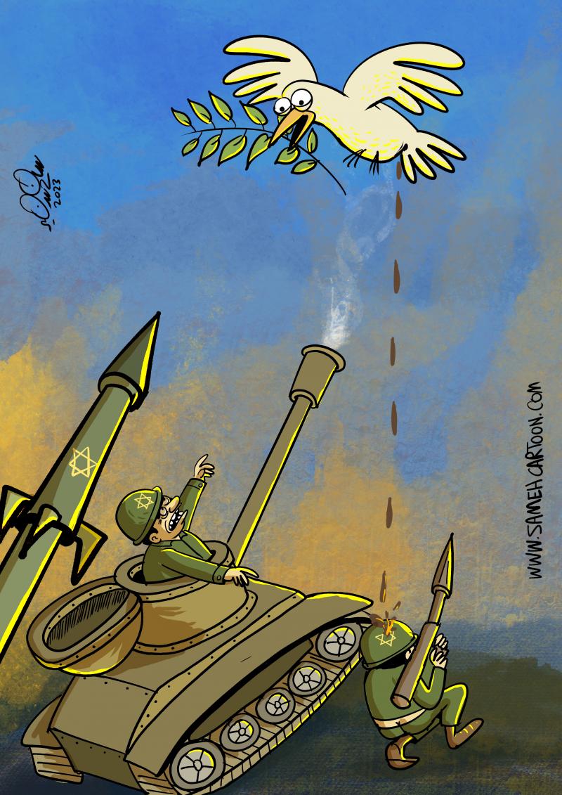 Political cartoon of a dove interrupting military aggression.