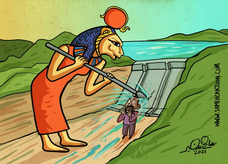 Cartoon of the Egyptian goddess Sekhmet shielding Egypt from threats to the Nile, symbolizing the river's existential importance.