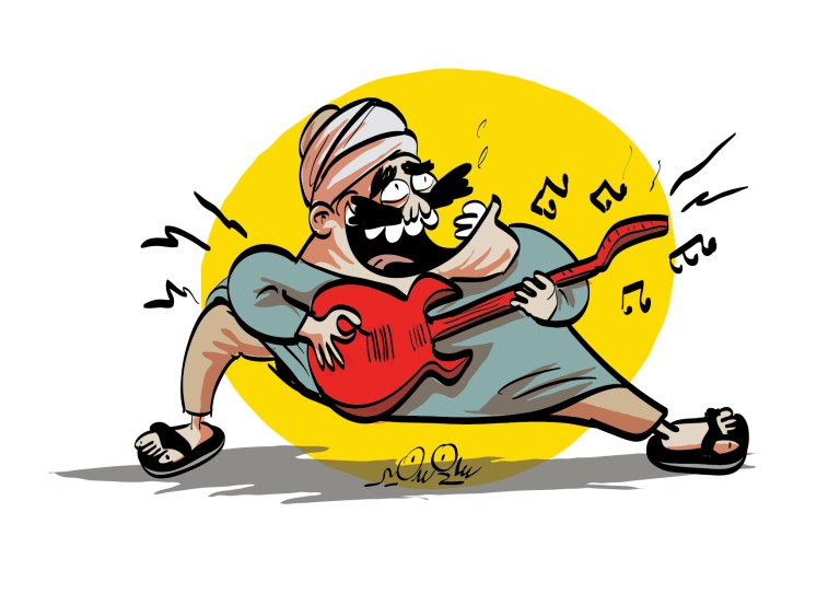 A cartoon character playing a red guitar energetically with musical notes around him