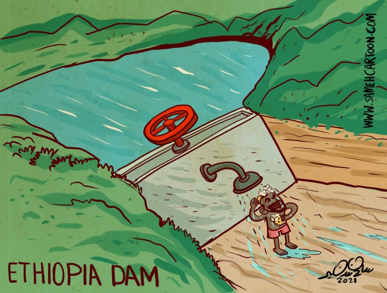 Cartoon showing a person showering under a faucet labeled 'Ethiopia Dam', symbolizing water control.