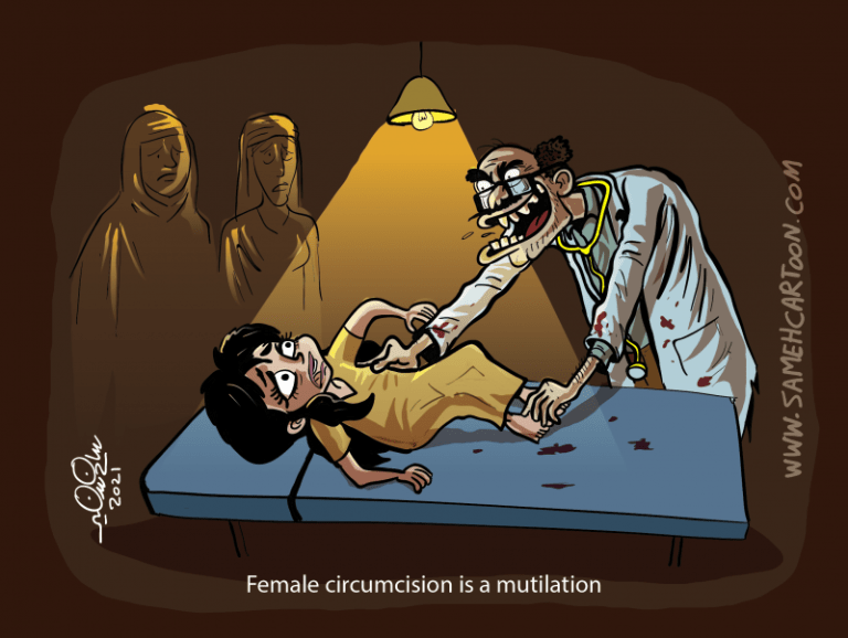 Cartoon showing a doctor preparing for female circumcision as a frightened girl looks on, highlighting the practice as mutilation.