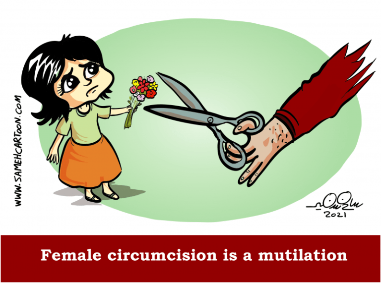 Cartoon showing a young girl with flowers confronted by large scissors, symbolizing the dangers of female circumcision.