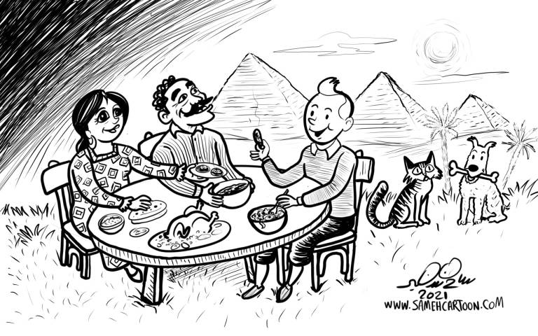 Cartoon of Tintin and his dog sharing a popular Egyptian meal with a family near the pyramids while the dog plays with a local cat