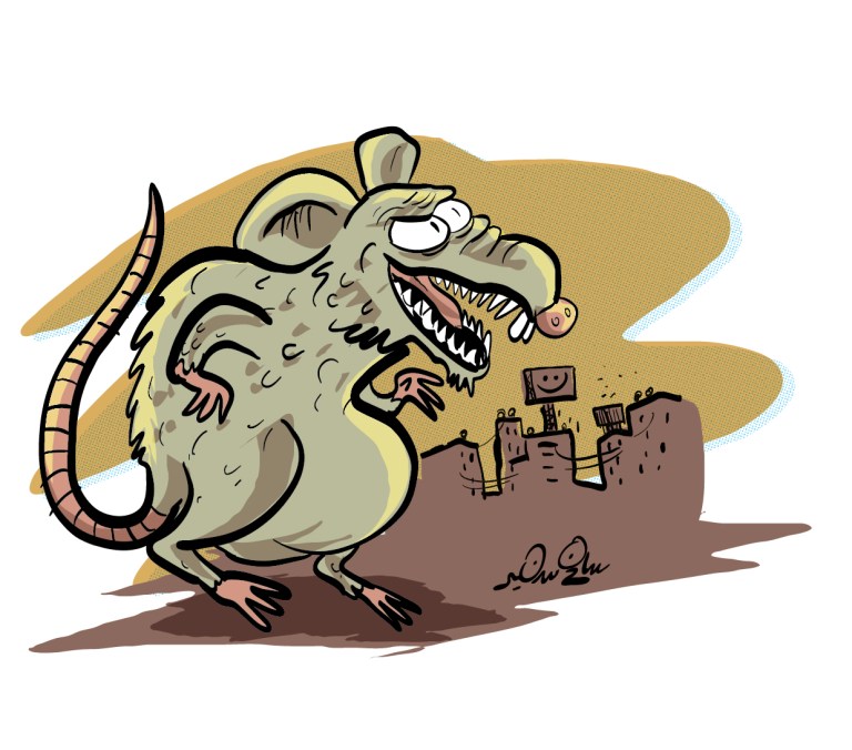 Cartoon of a giant rat towering over an Egyptian city, symbolizing widespread corruption.