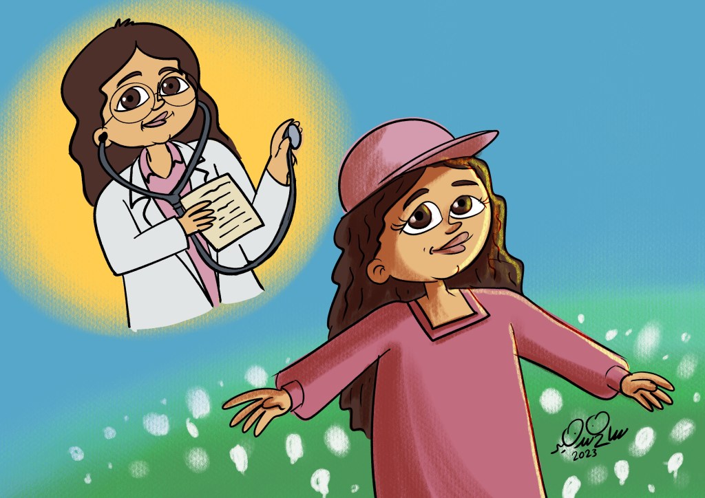 Cartoon of a young girl working in a cotton field under the sun, dreaming of being a doctor, with a supervisor watching.