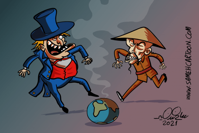 Cartoon showing two caricatured figures, one in a top hat and the other in a conical hat, fighting over the Earth.