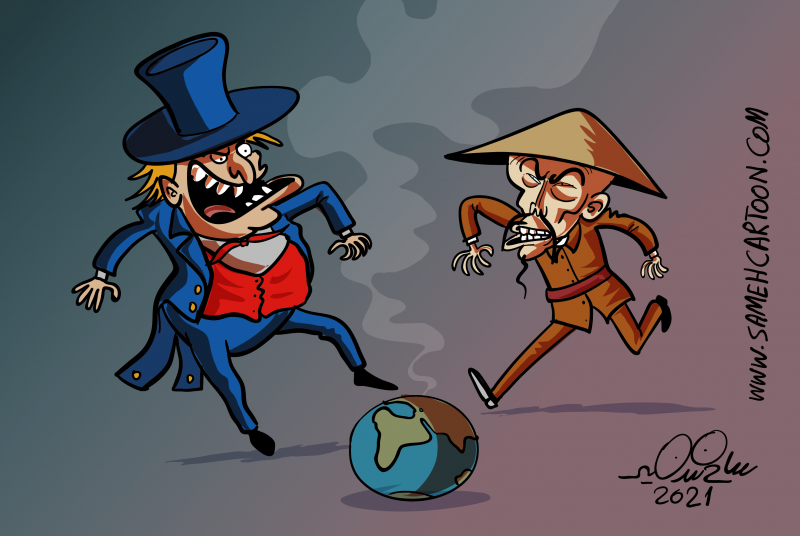 Political cartoon showing global powers fighting over the Earth.