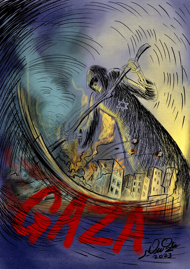 A grim reaper figure with a Star of David on its cloak looms over a burning city labeled 'Gaza'.