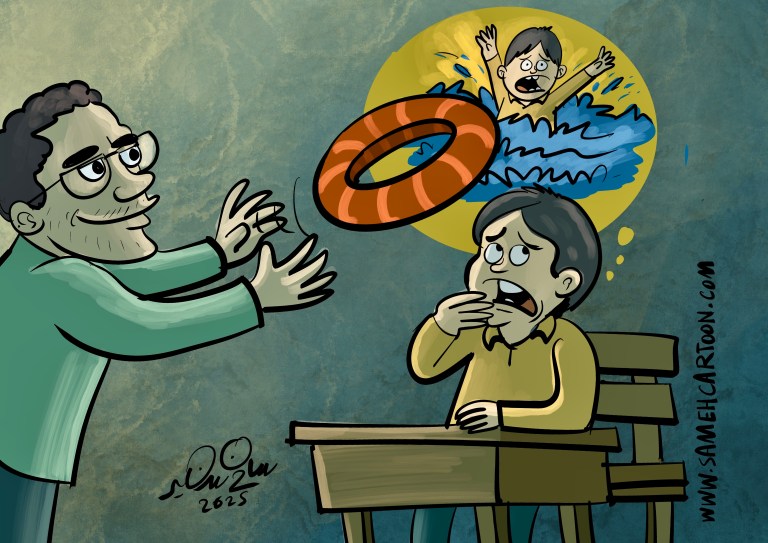 Cartoon of a teacher throwing a life ring to a student who imagines himself drowning in studies
