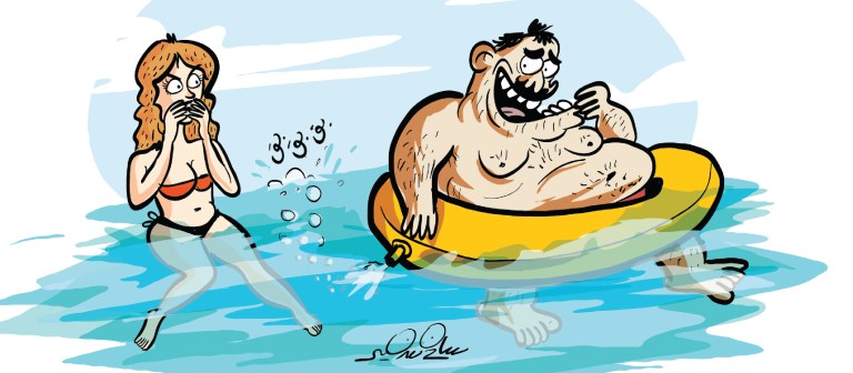 Cartoon of a man on a float with bubbles rising, while a beautiful woman nearby thinks they are farts, causing his embarrassment.