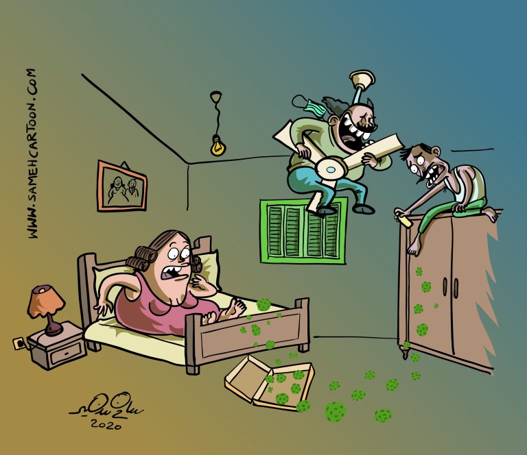 Cartoon of a woman startled in bed by two men playing music and climbing furniture, with green spots around.