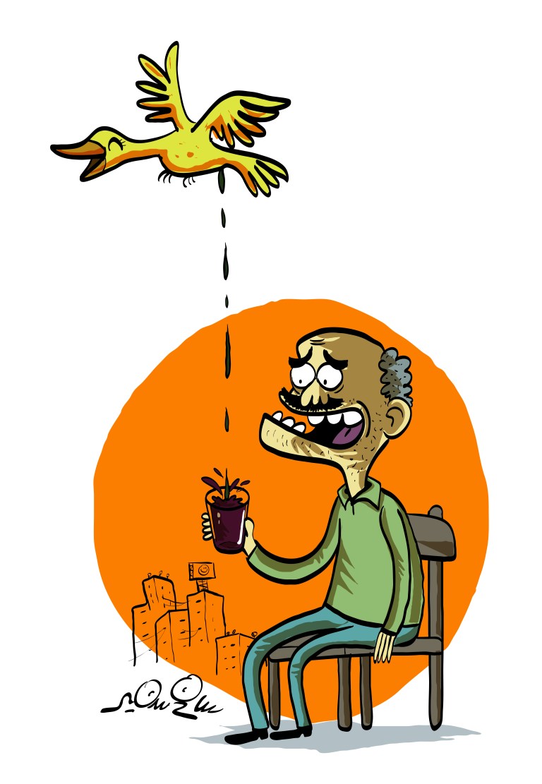 A cartoon of an unlucky man whose drink is spoiled by a bird dropping feces into his cup