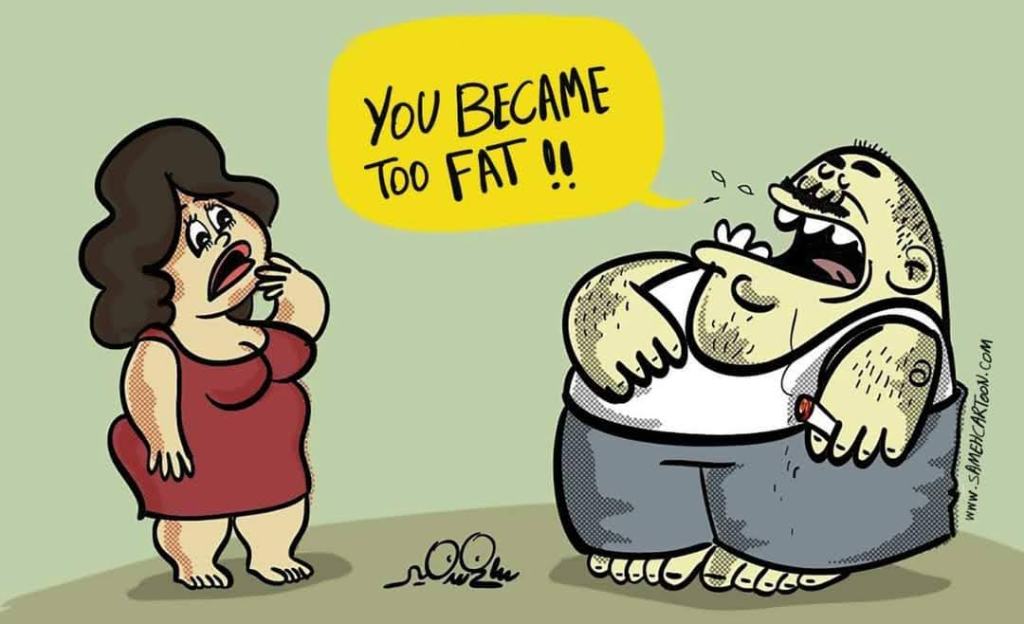 A cartoon showing an overweight man criticizing his wife's full figure while ignoring his own body