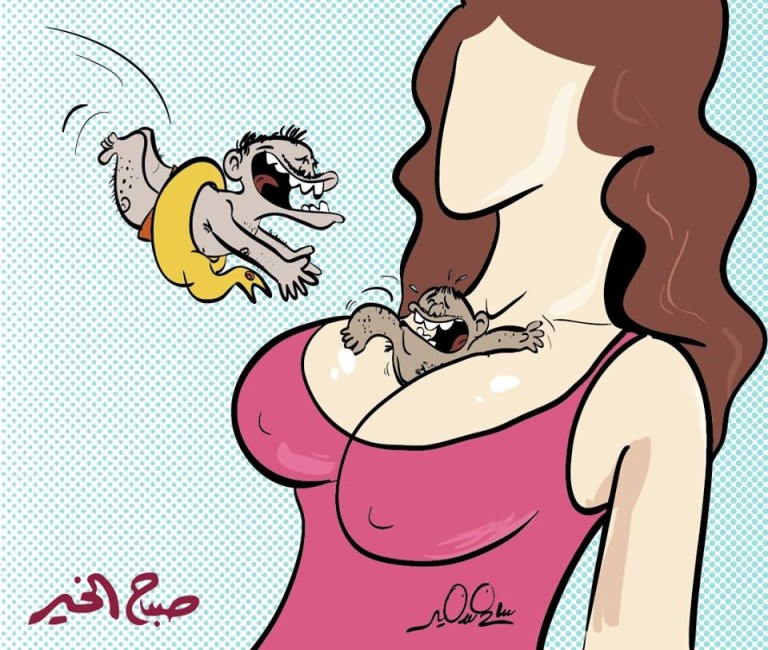 A humorous cartoon showing men diving and swimming in a woman's breast, symbolizing their simple sexual desires regardless of the woman's features.