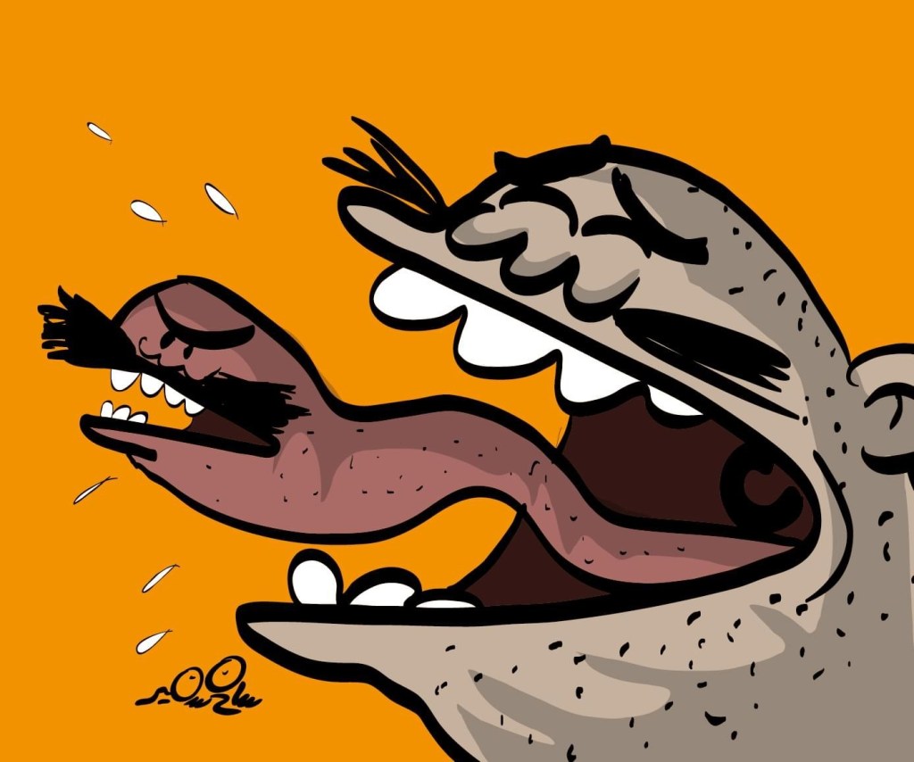 Illustration of a male tongue speaking in a masculine discourse symbolizing a male-dominated society