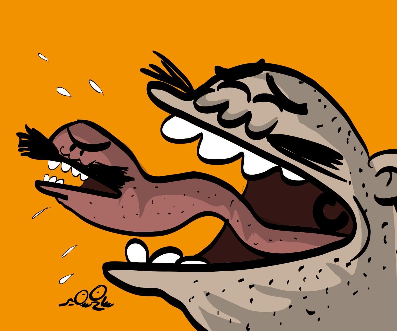 Cartoon symbolizing male-dominated speech through an exaggerated tongue.