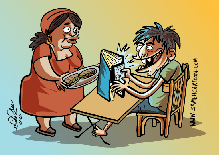 A cartoon showing a student pretending to study while secretly playing games and watching TikTok on his phone as his mother brings food.