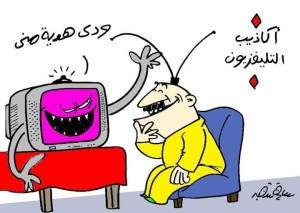 A cartoon depicting a man interacting with a mischievous television character in a humorous way.