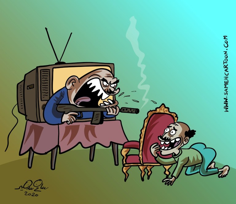 A cartoon depicting a man yelling from a TV while another man crawls on the floor, looking scared.