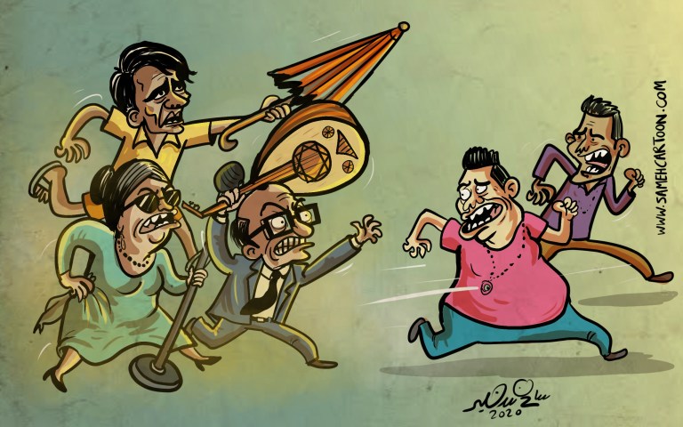 Cartoon showing iconic Egyptian artists Umm Kulthum, Abdel Halim Hafez, and composer Abdel Wahab chasing new generation festival singers