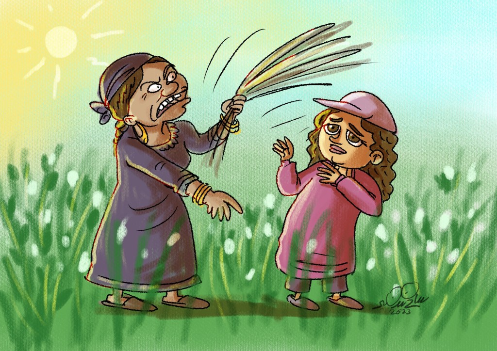 Cartoon of a young girl working in cotton fields under harsh conditions, dreaming of becoming a doctor.