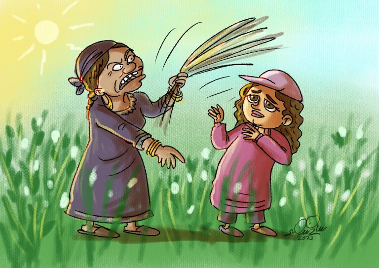 Cartoon of a young girl working in cotton fields under harsh conditions, dreaming of becoming a doctor.