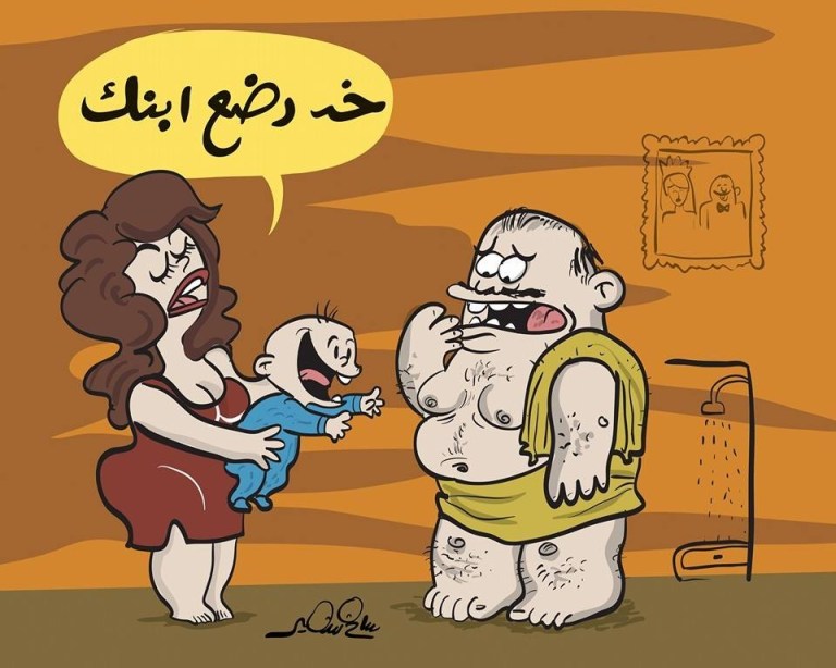 Cartoon showing wife telling husband with gynecomastia to breastfeed their baby who looks at husband's chest eagerly