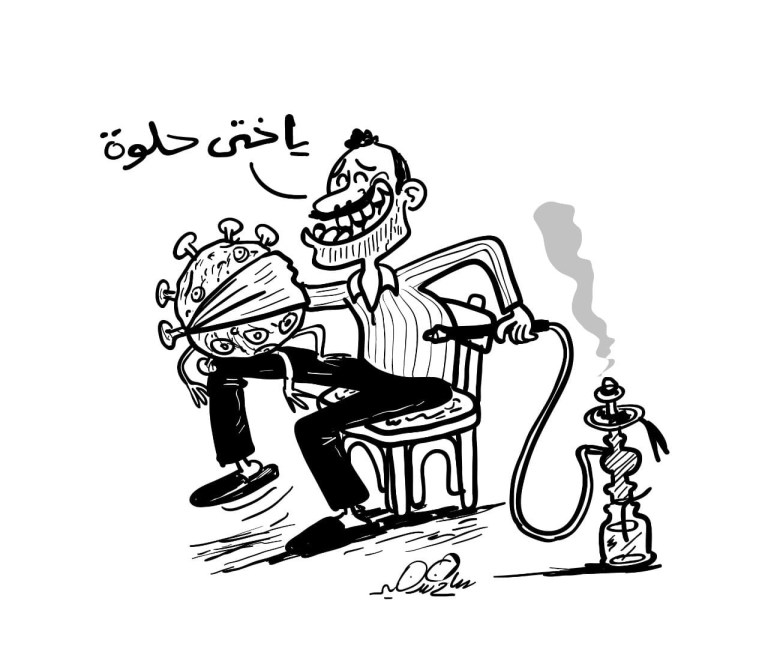 A cartoon depicting a man sitting on a chair with a virus character, humorously interacting with it.